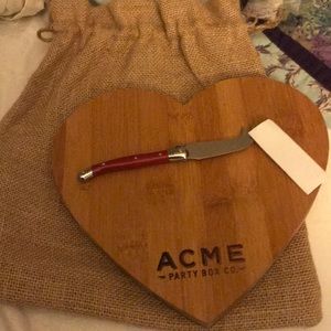 Acme heart shaped cutting board, red cheese knife,